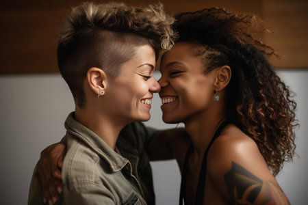 Photo of cheerful lesbians of different races embrace stands closely to each other have satisfied expressions dressed in casual clothes discuss something enjoy togetherne : Generative AIの素材