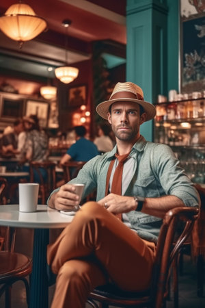 Indoor shot of attractive young man in stylish hat drinking coffee or tea relaxing at cafe alone listening to music online on earphones using wireless internet connection : Generative AIの素材
