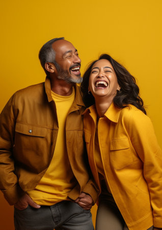 Joyful dark skinned young woman and man have fun show excellent sign smile happily dressed in casual clothes isolated over vivid yellow background Afro American couple ha : Generative AIの素材