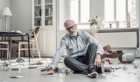 Repair and painting concept Glad bearded senior man in round optical spectacles holds paint brush busy with renovation of room paints walls wears dirty shirt improves con : Generative AIの素材