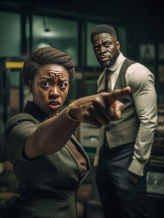 Portrait of surprised and shocked stylish young black customer having astonished look pointing index finger down showing drop in prices Fascinated darkskinned man gesturi : Generative AIの素材