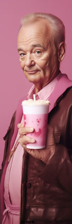 Indoor shot of pleasant looking serious elderly man in red clothing holds takeaway coffee focused aside has break after work isolated over pink background with blank spac : Generative AIの素材