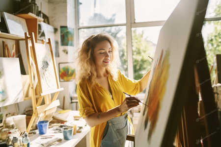 Professional female painter sitting at chair in art studio keeping hands in pockets of her shirt smiling gently while resting after drawing picture with watercolors Peopl : Generative AIの素材