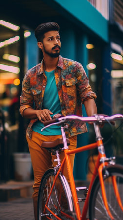 Serious unshaven young man in trendy wear posing at concrete wall and looking at his fixed gear bike studying its characteristics while posting ad via classified website  : Generative AIの素材