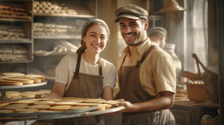 Smiling male and female competitors stand back to each other hold rolling pins take part in culinary competition being glad that friendship won Young cook coworkers busy  : Generative AIの素材