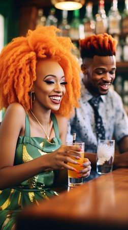Indoor portrait of pretty redhead girl with hair knot looking at camera and smiling joyfully sitting next to handsome African male wearing trendy clothes having nice time : Generative AIの素材