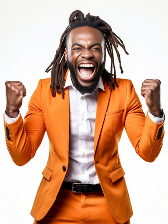 Pleased dark skinned man raises clenched fist shouts yeah celebrates success wears orange tie purple jacket stands against pastel background celebrates triumph gets promo : Generative AIの素材