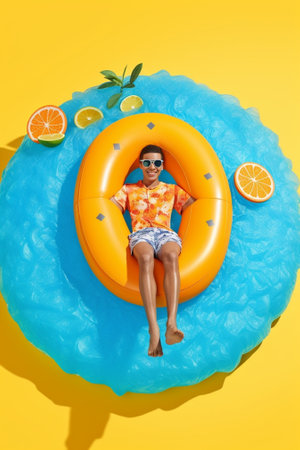 Suntan relaxation and summer lifestyle concept Surprised European man lies on sand with lifebuoy wears sun hat snorkeling mask shocked with high temperature Overhead view : Generative AIの素材