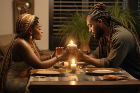Young African male begging his girlfriend to forgive him Husband asking his pretty wife for forgiveness after conflict sitting at table in kitchen Angry woman refusing ap : Generative AIの素材