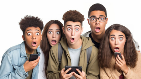 Scared nervous diverse women bite finger nails nervously look desperately at camera stand next to each other against white background Multicultural teenagers in shades sp : Generative AIの素材