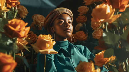 Young happy dark skinned woman covers eye with gerbera daisy picks flowers from field going to decor room dressed in casual blue turtleneck in one tone as background bein : Generative AIの素材