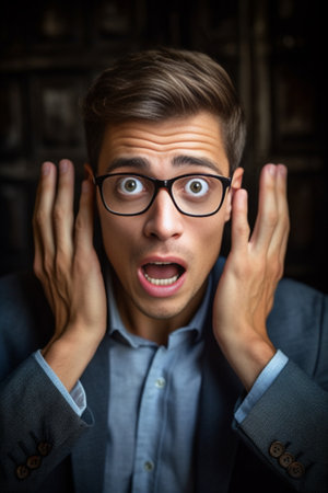 Who I am Shocked scared young male being afraid of responsibility doesnt expect to be chosen as leader of group not sure in his possibilities points at himself with horri : Generative AIの素材