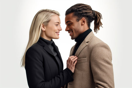 Affectionate girlfriend with light hair combed in pony tail going to kiss her boyfriend demonstrate truthful love dressed in fashionable clothes isolated over white backg : Generative AIの素材