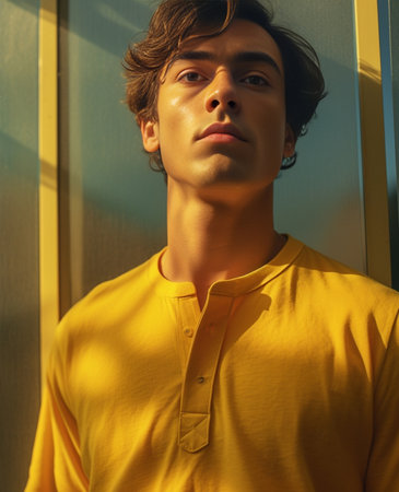 Exhausted tired sleepy young man cannot awake very early prepares for important day wears collagen patches for reducing puffiness under eyes dressed in yellow casual clot : Generative AIの素材