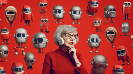 Elderly people and technology concept Senior woman stays always connected chats via app sends messages wears red headgear striped jumper with formal jacket isolated over  : Generative AIの素材