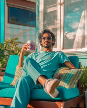 Bearded dark skinned Afro American man wears casual green t shirt shorts listens music via headphones lies on blue striped towel poses near pizza slippers parasol has fun : Generative AIの素材