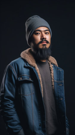 Close up studio portrait of stylish brutal young bearded European man wearing hat and jeans jacket having rest indoors posing at blank wall with copy space for your text  : Generative AIの素材