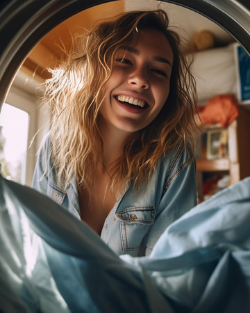 Curly haired woman bites lips looks gladfully at camera happy to finish housework wears trendy sunglasses sticks head through pile of laundry poses in washing machine Hou : Generative AIの素材