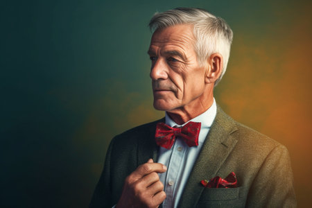 Half length shot of displeased senior man feels headache stands frustrated indoor holds paper plane tries to concentrate wears formal shirt isolated over brown background : Generative AIの素材