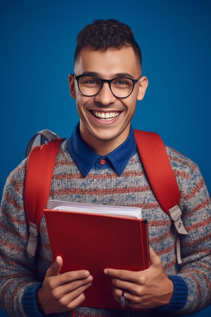 Funny smiling unshaven male wonk wears round spectacles and casual clothes being glad to recieve interesting book as present expresses positive emotions People happiness  : Generative AIの素材