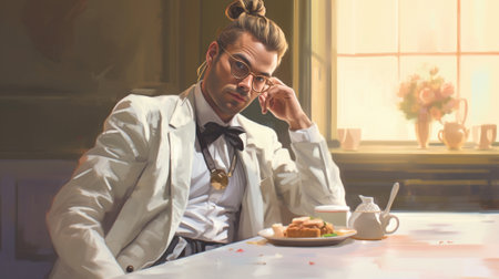 Funny elegant man employee fixes bowtie ready for first working day in restaurant wears classic formal clothing and round glasses poses near table full of bread toasts is : Generative AIの素材