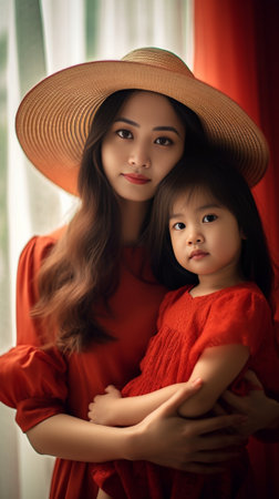 Horizontal shot of beautiful mum and small child with red gerbera flower cuddle together wear same polka dot dresses have fun together express love and care to each other : Generative AIの素材