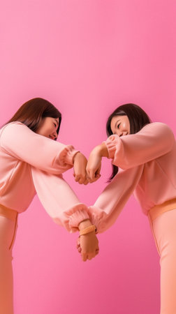 Collage shot of mixed race four diverse women and one man express positive emotions smile pleasantly Asian female shapes heart gesture stand next to each other isolated o : Generative AIの素材