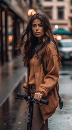 Beautiful young woman rides electric kick scooter around city reaches necessary destination quickly poses at street wears casual comfortable clothes looks thoughtfully fo : Generative AIの素材