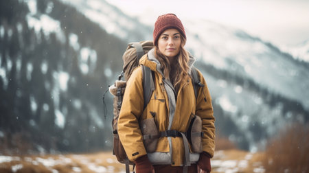 Dreamy satisfied European female traveler holds digital camera for making pictures focused into distance wears yellow headband and anorak poses against snowy mountain for : Generative AIの素材