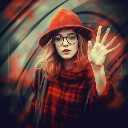 Attractive hipster girl with red hair tender smile presses hands to heart makes gratitude gesture being grateful for help wears spectacles hat and jumper breaks through p : Generative AIの素材
