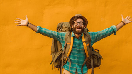 Horizontal shot of happy curious male traveler looks into distance uses binoculars holds kerosene lamp wears hat and raincoat isolated over yellow background blank space  : Generative AIの素材