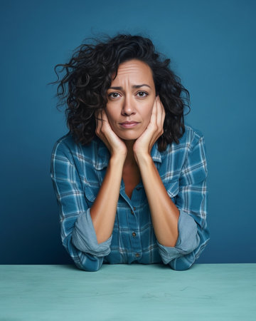 Headshot of frustrated curly haired woman has leaked makeup looks sadly at camera wears shirt feels unhappy isolated over red background People negative emotions and face : Generative AIの素材