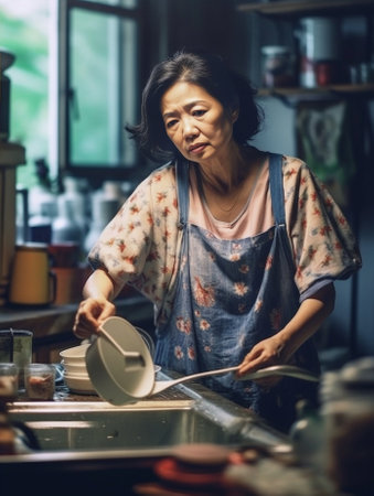 Funny millennial Asian woman makes grimace crosses eyes sticks out tongue wears dirty clothes after doing housework surrounded by stacks of laundry busy ironing at home h : Generative AIの素材