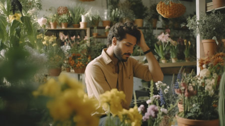 Horizontal shot of surprised male botanist or florist looks with startled expression through sansiveria feels impressed wears yellow headgear and stylish shirt takes care : Generative AIの素材