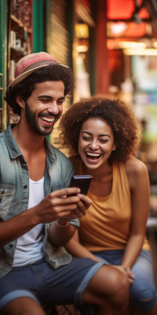 Photo of astonished mixed race couple look with omg expressions receive horrible news Afro woman holds smartphone device reads article online stylish guy drinks takeaway  : Generative AIの素材