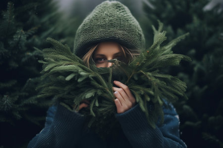 Unrecognizable female model holds bouquet of spruce branches with garland wrapped in paper over face prepares decoration for New Year wears long sleeved jumper isolated o : Generative AIの素材