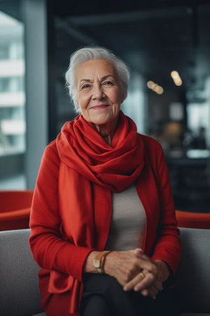 Using modern technologies among all ages Mature positive grey haired woman with bright makeup dressed in red jumper with necklace uses smartphone waits for call smiles po : Generative AIの素材