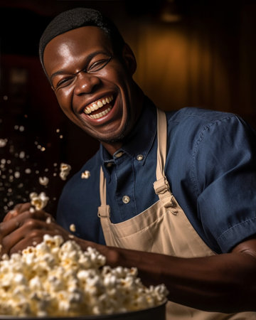 Cheerful dark skinned man with thick beard sticks head through popcorn background enjoys eating tasty snack has toothy smile expresses positive emotions Black man buried  : Generative AIの素材