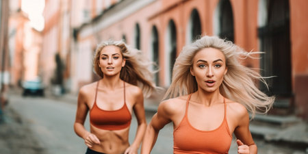Full length shot of sportive slim woman listens music in headphones relaxes from jog training chooses song from playlist messages with friend rests after doing execises p : Generative AIの素材