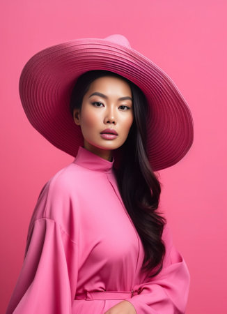Indoor shot of dissatisfied woman has placid discontent facial expression purses lips in displeasure being in low spirit dressed in fashionable hat poses against pink bac : Generative AIの素材