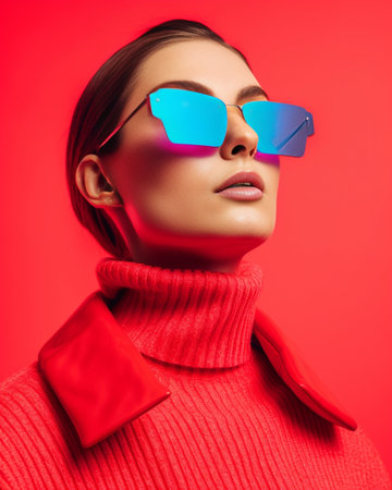 Impressed winter woman wears glasses for snowboarding red jumper and blue turtleneck gazes with shock poses over pink background involved in extreme sport rests in mounta : Generative AIの素材