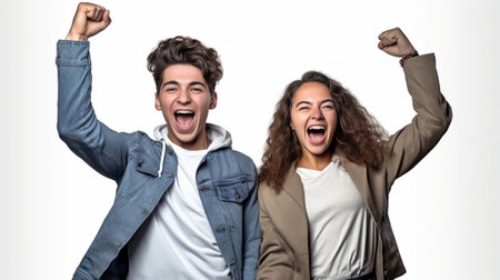 People happiness winning victory success and good luck Indoor shot of two young Caucasian people man and woman expressing their excitement and delight by shouting Yes and : Generative AIの素材