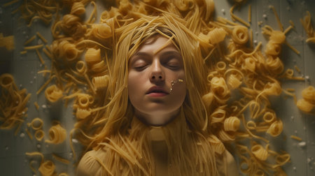 Mysterious young woman winks eyes raises eyebrows buried in scattering spiral pasta Human face surrounded by raw macaroni Food crisis because of quarantine Girls head in  : Generative AIの素材