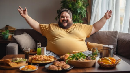 People nutrition body shape and healthy lifestyle concept Happy young plump chubby man with curly ginger hair and beard showing thumps up saying he is doing okay while hi : Generative AIの素材