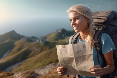 Horizontal shot of active cheerful female traveler holds tourist map finds direction in unknown place explores nature poses against scenic mountain lake view has glad smi : Generative AIの素材