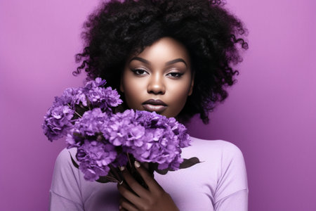 Portrait of thoughtful young Afro American woman touches chin holds beautiful bouquet of flowers in hands going to congratulate friend with special occasion isolated on p : Generative AIの素材