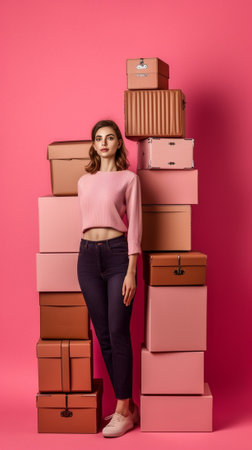 Waist up shot of surprised European woman in casual striped clothes and rubber gloves carries many bottles of detergents isolated over pink background stunned to have muc : Generative AIの素材