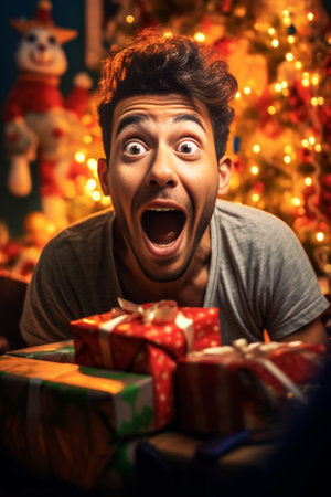 Excitement and amazement Positive male says wow stares at camera with eyes full of happiness finds out about winning present in lottery cant believe his good luck being e : Generative AIの素材