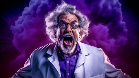 Headshot of surprised bearded senior man points at camera with shocked expression wears spectacles for good vision white sweater isolated over purple background indicates : Generative AIの素材