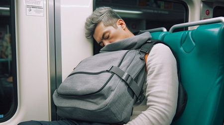 Photo of thoughtful male traveler reaches destination with neck pillow uses special app for planes on modern gadget looks aside wears grey jumper stays in touch during jo : Generative AIの素材